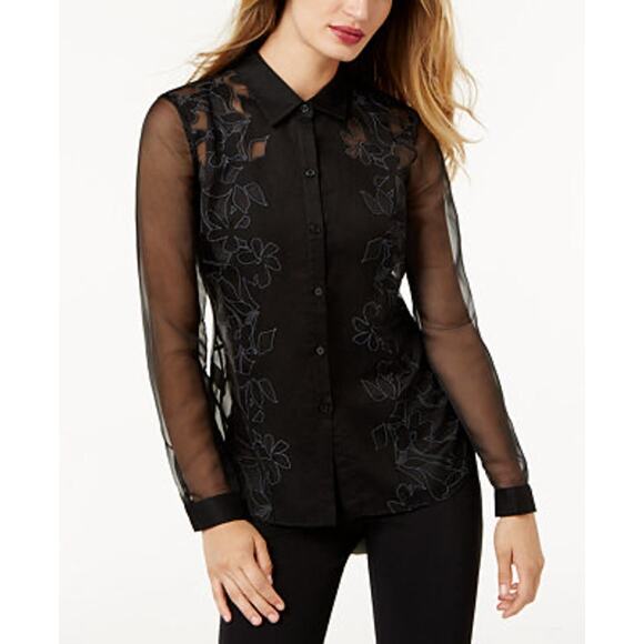 Sachin + Babi Tops - SB By Sachin & Babi Organza Black Office Night Out Sheer Floral Blouse Size M